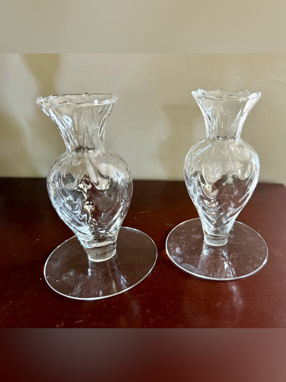 Princess house optic waves pattern crystal glass bud vase / candleholders set